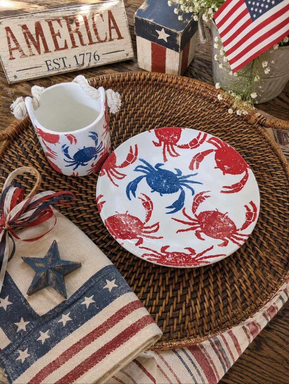Mud Pie Nautical Crab Pattern Ceramic Plate and Canister - Blue & Red